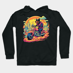 A surreal t-shirt design featuring a Rottweiler Dog on a motorcycle Hoodie